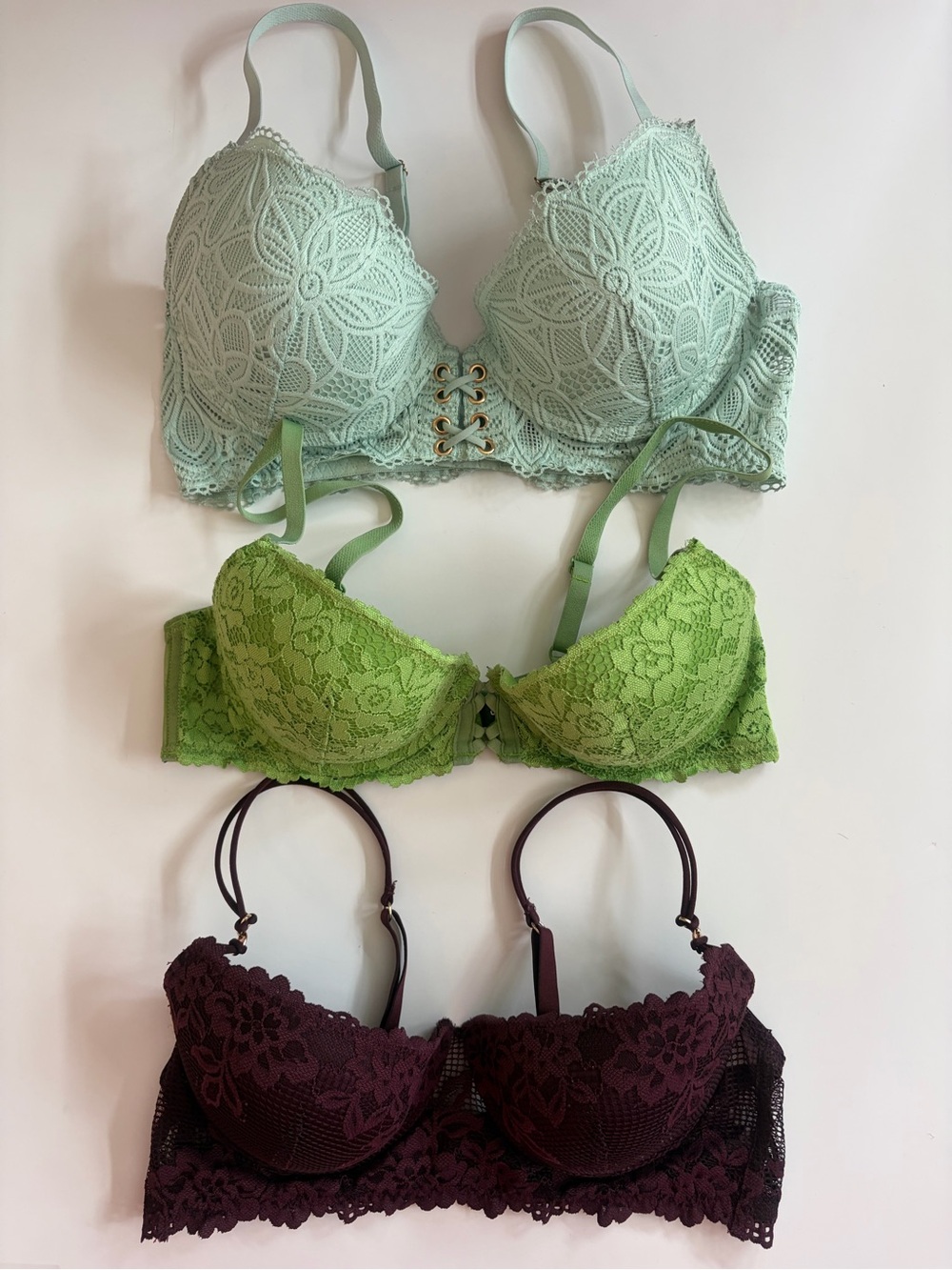 3 pack bundle value   Lace  Bra - Light Mint, Lime, and Wine (Set of 3) size 34C